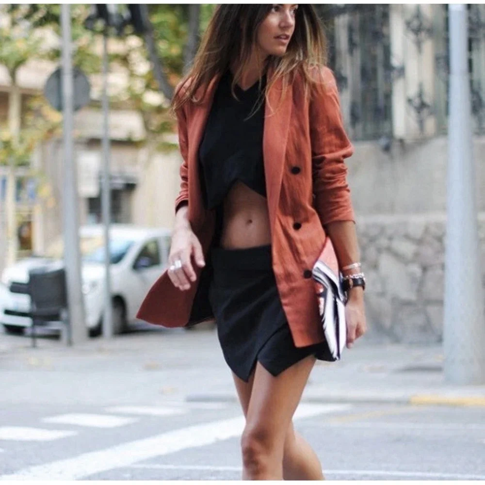 ZARA WOMAN LONG DOUBLE BREASTED JACKET‎ COAT BLAZER ORANGE RUSSET - Large